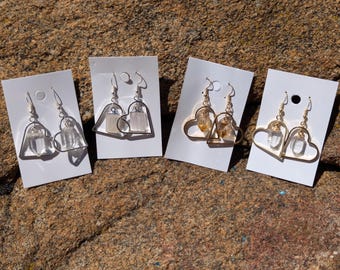 Gemstone Crystal Heart Earrings / Clear Quartz / Selenite / Citrine / Gold and Silver Options