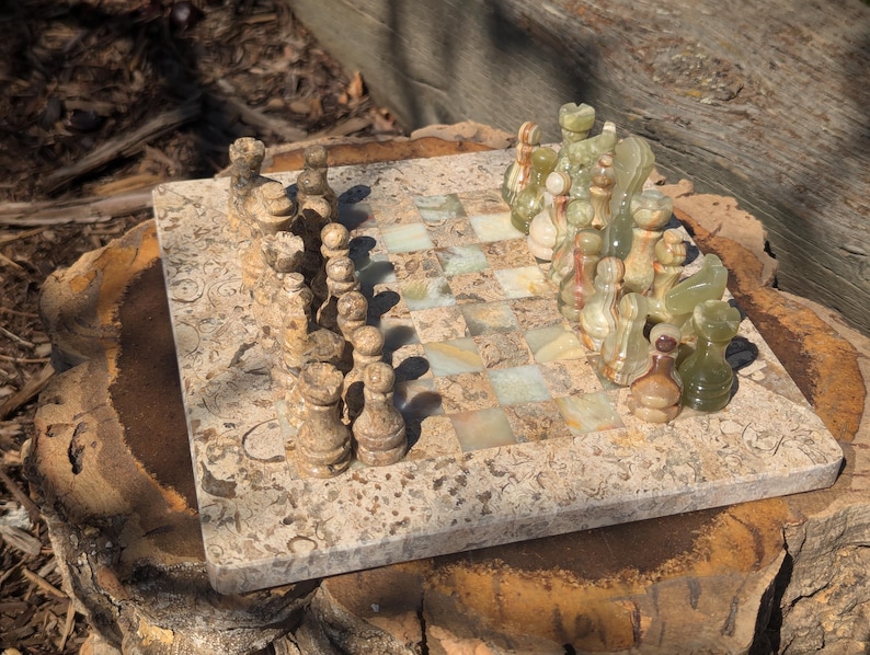 Green and Fossil Marble Chess Set