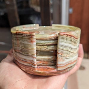 Onyx Stone Coaster Set: Six Carved Drink Coasters with Holder
