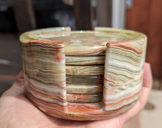 Onyx Stone Coaster Set: Six Carved Drink Coasters with Holder