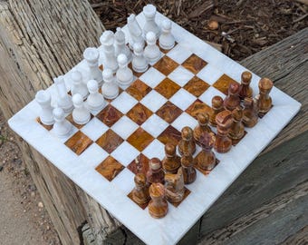 Onyx Chess Set: Red and White Stone Board & Pieces (12&quot; x 12&quot;)