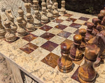 Onyx Chess Set / Red Onyx and Fossil / 12&quot; x 12&quot; / Stone Chess Board and Pieces