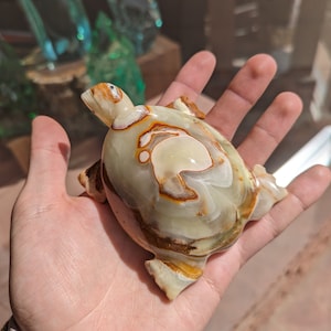 May include: A hand-carved onyx turtle sculpture with brown, white, and green swirling patterns. The turtle is sitting on a person's hand.