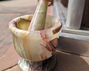 Onyx Stone Carved Mortar and Pestle / Green Onyx Cooking Utensil