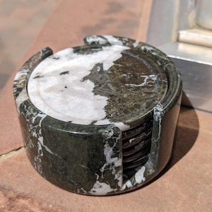 Black Zebra Onyx Stone Coaster Set: Six Carved Drink Coasters