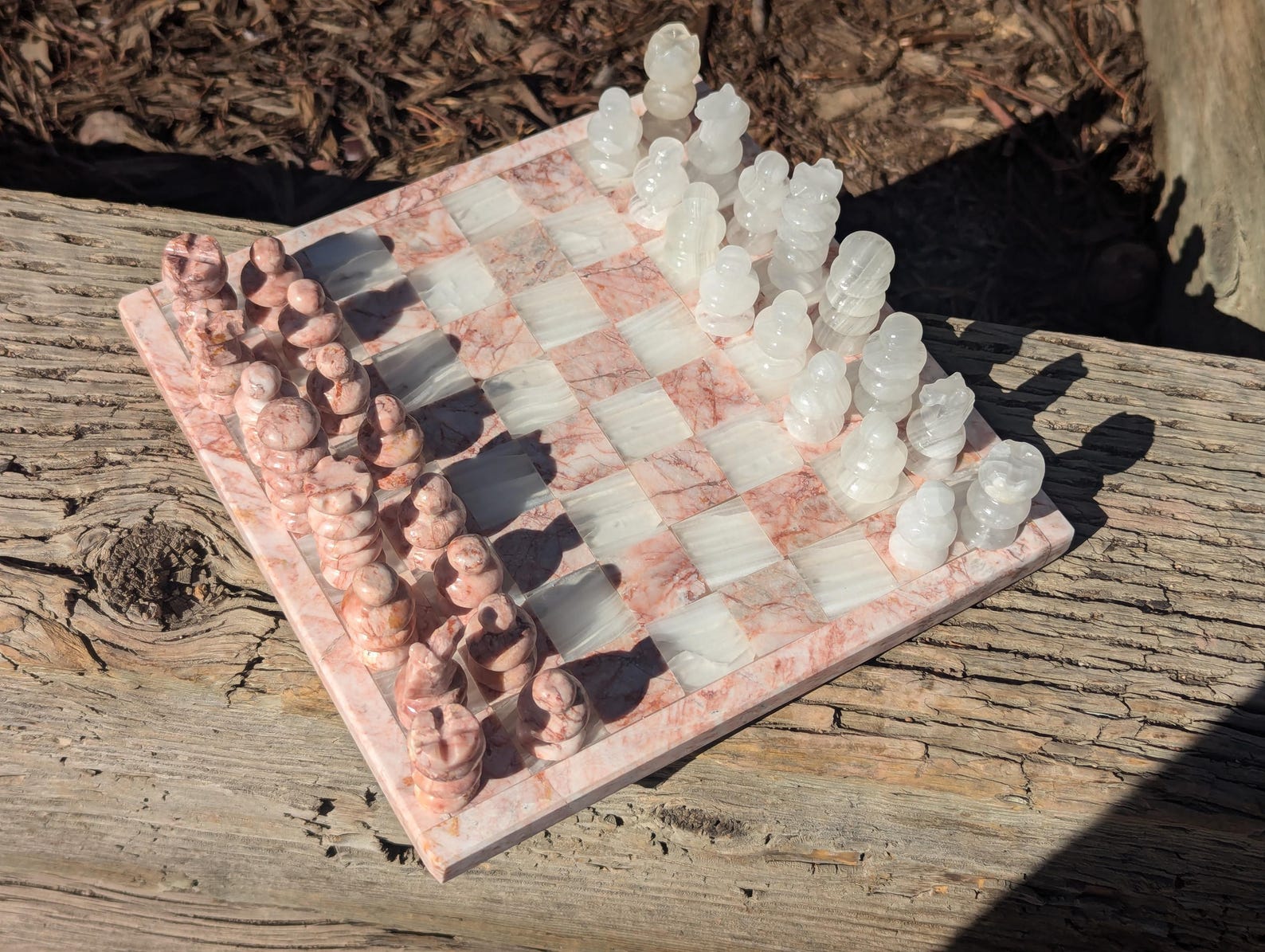 Onyx Chess Set: 7.5" Stone Board & Pieces - Pink, Black, Green - Pink and White