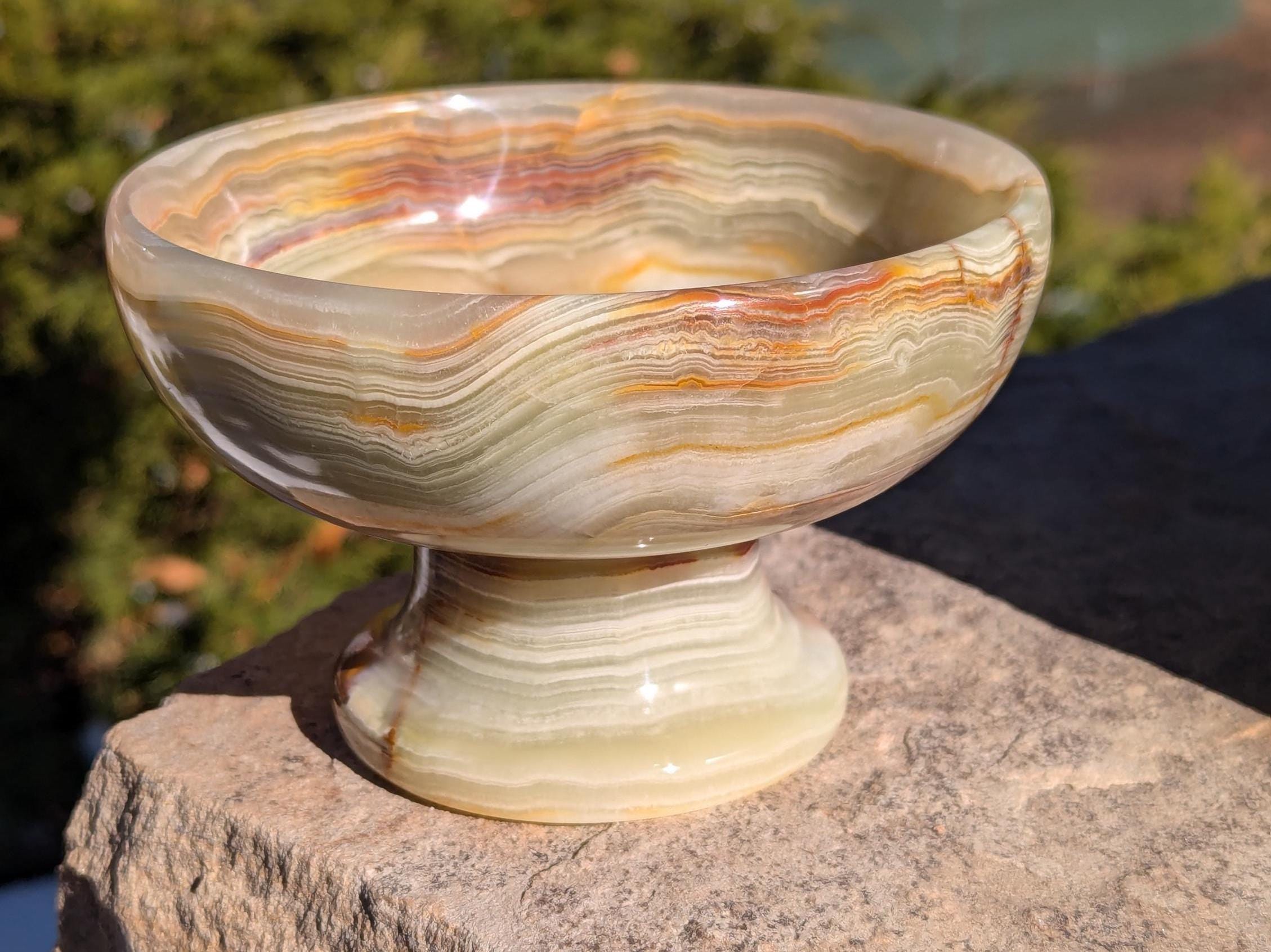 Onyx Fruit Bowl / Green Stone Carved Dish / 5"x3"