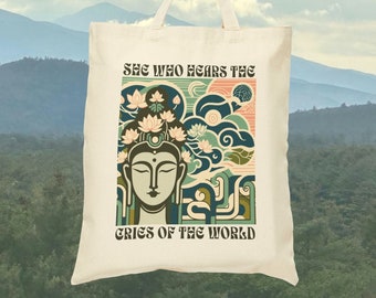 Kuan Yin Guanyin Quan Yin Cotton Canvas Tote Bag, Goddess Gift, Mother's Day Gift, Peace lover gift, Unique book bag, Compassion Grief Gift