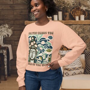 Quan Yin Goddess of Compassion Comfort Colors 1466 Light Crewneck Sweatshirt, gift for her, She who hears the cries of the world mystic gift