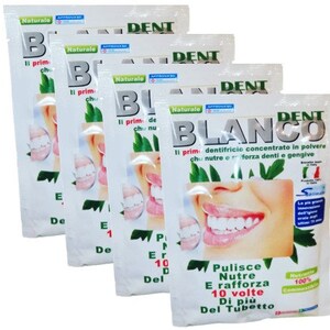 May include: Five packages of Dent Blanco teeth whitening powder. The packages feature a smiling person with white teeth and the text "Dent Blanco" in large letters. The text "Il primo dentifricio concentrato in polvere che nutre e rafforza denti e gengive" is also on the package.