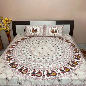 Pure Cotton King Size Bedsheet with 2 Pillow Covers | Rajasthani Wedding Phere Print | 108x108 Mandala Bedspread | Ethnic Bedsheet