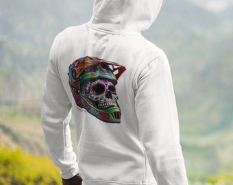 skull print with downhill helmet and live2ride lettering unisex hoodie for all bike lovers