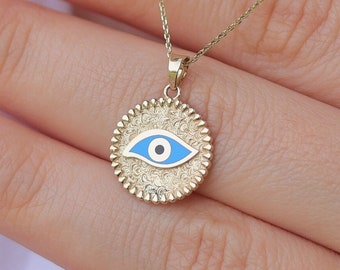 14k Solid Gold Evil Eye Medallion Necklace , Antique Coin Evil Eye Symbol Pendant , 14k Gold Blue Evil Eye , Everday Wear Protection Jewelry