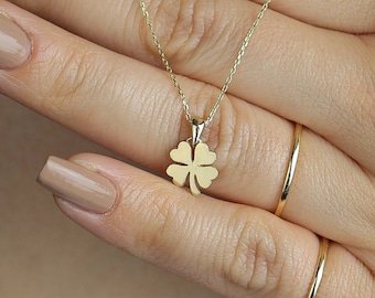 Minimalist 14k Solid Gold Lucky Shamrock Charm Necklace , Tiny Four Leaf Clover Pendant , Engravable Shamrock Necklace For Personalized Gift