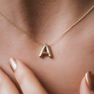 Colgante de letra hinchada, collar con inicial de globo de oro macizo de 14 k personalizado para mujer, joyería con dije de nombre de oro, collar gargantilla con nombre personalizado