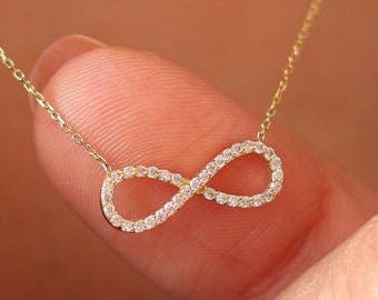 Sparkly 14k Solid Gold Infinity Symbol Necklace for Girlfriend , Eternity Endless Pendant Necklace , Gold Jewelry Anniversary Gifts for Wife