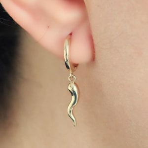 14k Solid Gold Italian Horn Hoop Earring , Real Gold Cornicello Earring for Protection Luck , Minimalist Dangle Hoops , Elegant Jewelry Gift
