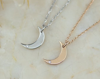 Real Diamond Moon Necklace in 14k Solid Gold , Gold Crescent Moon Pendant , Diamond Necklace Gift For Girlfriend , Diamond Gold Jewelry Gift