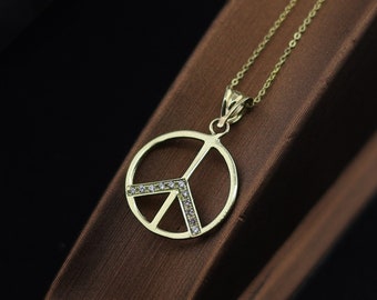 14k Solid Gold Peace Sign Necklace for Men and Women Peace