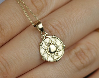Dainty 14k Solid Gold Sun Medallion Necklace , Ancient Greek Mythology Sun Coin Pendant , Vintage 14kt Gold Sun Charm , Retro Disc Necklaces