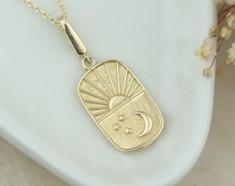 14k Solid Gold Sun Moon Star Pendant: Celestial Medallion Necklace