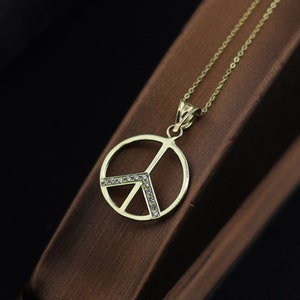 Collana con segno di pace in oro massiccio 14k per uomini e donne, ciondolo con ciondolo simbolo di pace, collana girocollo in oro, gioielli regalo personalizzati per lui