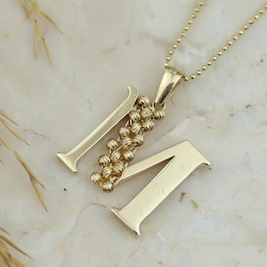 Colar com nome inicial de bola de contas de ouro maciço 14k, colar de corrente de bola de contas de ouro, pingente inicial grande personalizado, joia de presente para ela