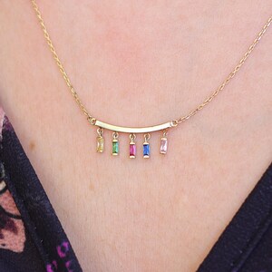 Dangling Multi Gemstones Necklace , Layering 14k Solid Gold Baguette Gemstone Station Necklace , Colorful Gemstones Necklace , Gift For Wife