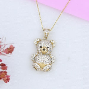Ciondolo a forma di orsetto scintillante, collana in oro massiccio 14k con zirconi cubici e orsetto, collana importante, ciondolo a forma di grande orso in oro, ciondolo grande in oro 14k