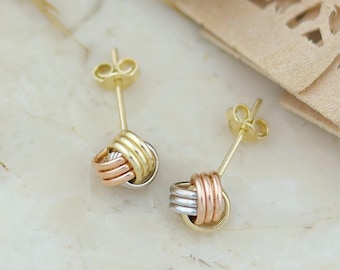 14k Solid Gold Tri Color Knoten Ohrstecker für Frauen, Multi Color Liebesknoten Ohrring für den Alltag, Push Back Dreiheit Liebe Ohrring Geschenk