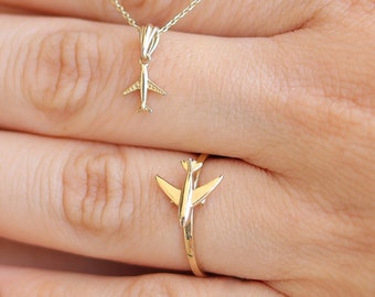 Anel de viajante de avião de ouro maciço 14k delicado, joia de piloto de aviação, presente para mulheres, anéis de ouro de avião 14k, joia de anel de comissária de bordo