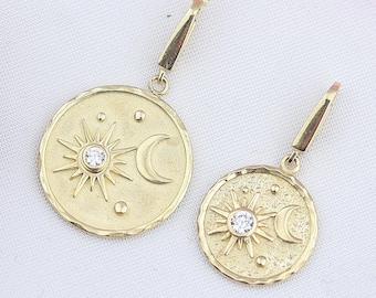 Personalized 14k Solid Gold Sun and Moon Necklace: CZ Diamond Celestial Pendant