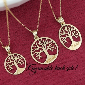 Personalized 14k Solid Gold Tree Of Life Necklace , 14k Gold Family Tree Pendant , 14k Tree Charm Jewelry , Engravable Necklace Gift For Her