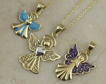Uniek kantdetail beschermengelketting, sierlijke 14k massief gouden engelenvleugelsketting, beschermingsbedel, engelenhanger, gelaagdheidketting