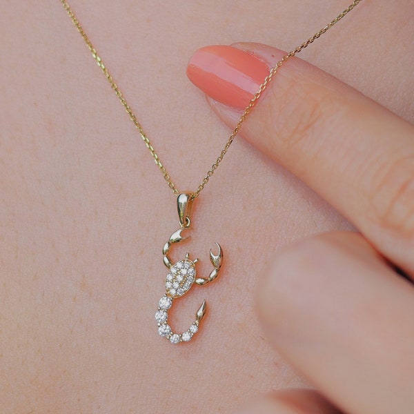 Minimalist 14k Solid Gold Scorpio Zodiac Sign Necklace With Gemstones for Women , Dainty Horoscope Scorpio Pendant , Summer Jewelry for Wife