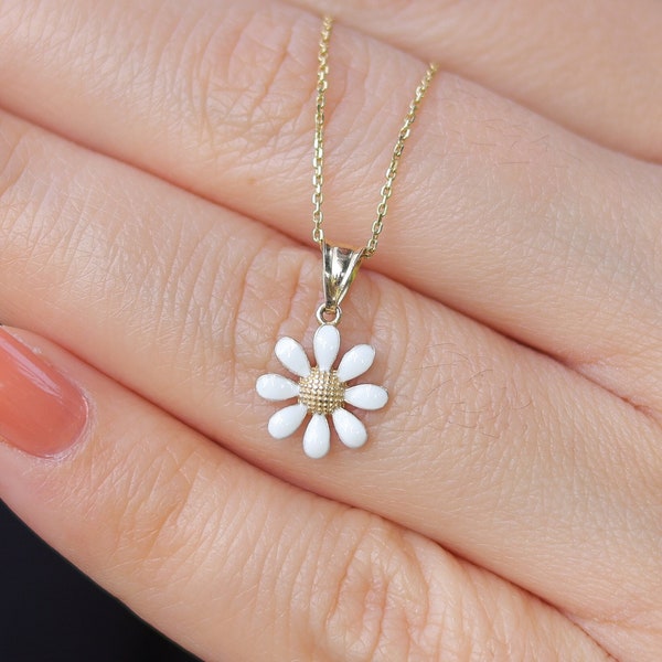 Dainty 14k Solid Gold White Daisy Necklace , Minimalist Chamomile Daisy Pendant , White Gold Flower Charm Necklace , Summer Jewelry For Gift