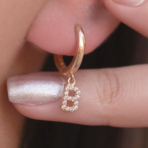 Custom Gold Earrings For Womens , Dainty 14k Solid Gold Initial Hoop Earrings , Dangle Hoop Earring , Personalized Gold Jewelry Gift For Her
