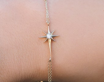 Dainty Everyday Wear North Star Charm Bracelet , 14k Solid Gold North Star Bracelet , Gold Star Jewelry Gift For Women , Best Christmas Gift
