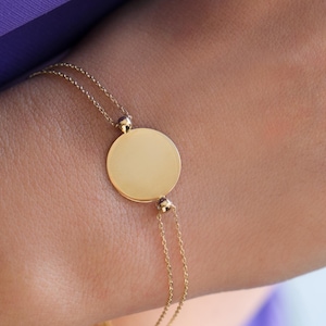 Personalized Engravable Disc Bracelet , 14k Solid Gold Custom Name Initial Disc Bracelet , Personalized Gift Jewelry for Her , Gold Bracelet