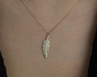 Unique 14k Solid Gold Feather Charm Necklace for Womens , Dainty Bird Feather Pendant , Mothers Day Gift , Gold Leaf Necklace For Girlfriend