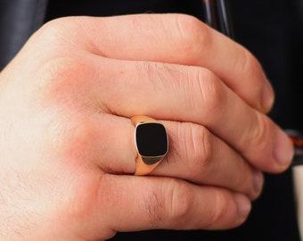 Gold Signet Ring For Men , 14k Solid Gold Black Enamel Square Men Ring , Rectangle Black Onyx Ring for Men , Gold Jewelry Gift For Boyfriend