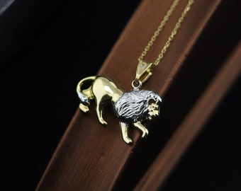 Mens Gold Lion Necklace , Unique 14k Solid Gold Big Lion Charm Necklace , Gold Lion Pendant in 14k , Leo Zodiac Sign Necklace , Gift For Him