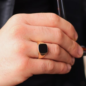 Anillo de sello de oro para hombre, anillo cuadrado de oro macizo de 14 k con esmalte negro, anillo rectangular de ónix negro, regalo de joyería de oro para novio.
