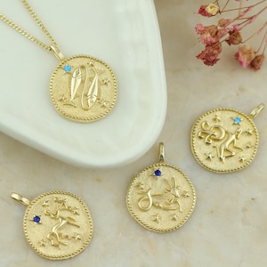 14k Prawdziwe Solidne Złoto Znak Zodiaku Medalion Naszyjnik, Astrologia Zodiaku Moneta Wisiorek, Biżuteria Zodiaku, Marzec Prezent Urodzinowy, Prezent Na Dzień Matki