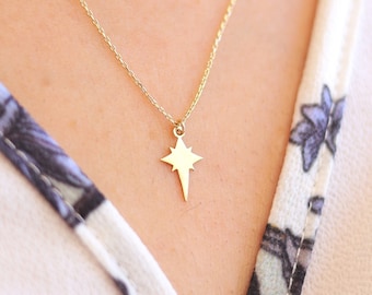 Minimalist 14k Solid Gold North Star Necklace For Womens , Dainty North Star Charm for Girlfriend , Gold Star Pendant Jewelry Gift for Wife