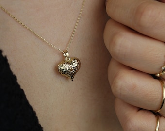 Dainty 14k Solid Gold Puffy Heart Necklace For Womens , Gold Puffed Heart Pendant , 3D Heart Necklace For Girlfriend , Best Mothers Day Gift