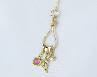 Unique 14k Solid Gold Multi Charm Holder Pendant Enhancer , Gold Charm Connector Link , Carabiner Lock Pendant Holder , Multi Pendant Holder