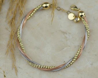 Pulsera con cuentas de bola Dorica italiana de tres colores de oro macizo de 14k, pulsera de estación de cuentas de malla redonda de múltiples hebras, pulsera de lujo de uso diario