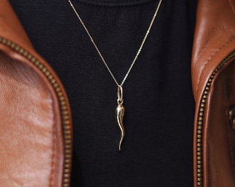 14k Gold italienische Horn Cornicello Anhänger für Männer, 14k Solid Gold italienische Cornicello Charme Halskette, Schutz Amulett Schmuck Geschenk für ihn