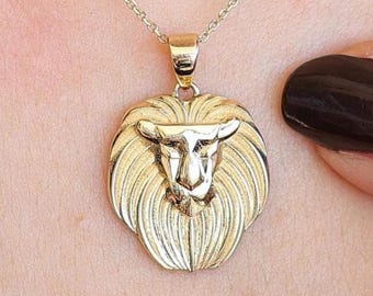 Engravable Back Side 14k Solid Gold Lion Necklace For Men Women , Leo Zodiac Pendant Gold , Lion Head Charm , Personalized Lion Jewelry Gift